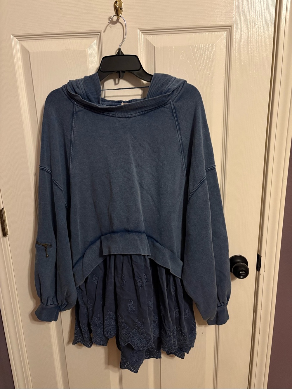 Free People Blue Washed Hoodie Tunic with Lace Hem - Picture 2 of 2